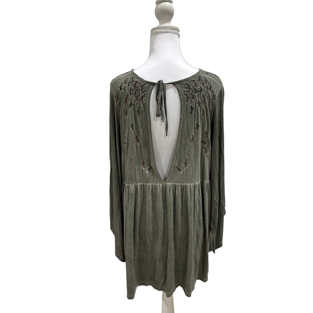 POL Olive Green Embroidered Open Back‎ Babydoll Tunic Top Small Boho Bell Sleeve - Picture 3 of 10